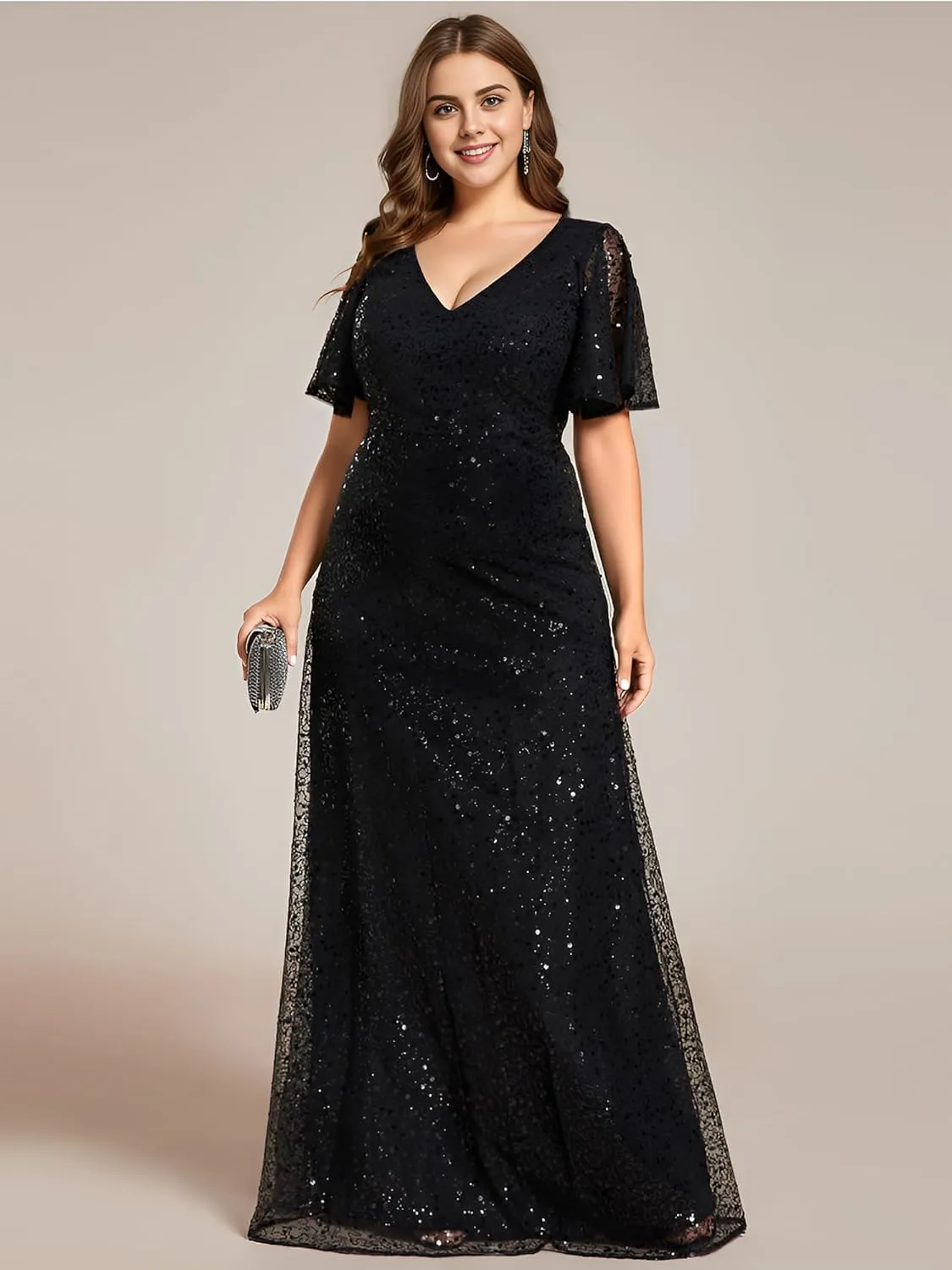 Ever-Pretty Women's V Neck Sequin Short Sleeves A Line Ball Gown Plus Size Formal Evening Dresses