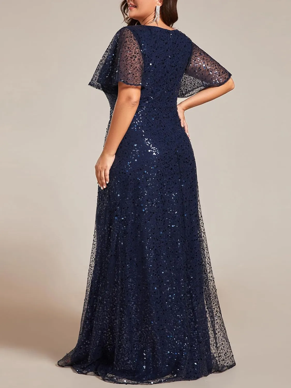 Ever-Pretty Women's V Neck Sequin Short Sleeves A Line Ball Gown Plus Size Formal Evening Dresses