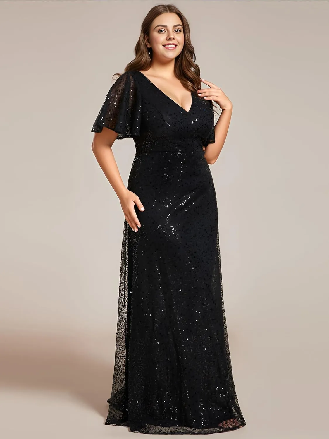 Ever-Pretty Women's V Neck Sequin Short Sleeves A Line Ball Gown Plus Size Formal Evening Dresses