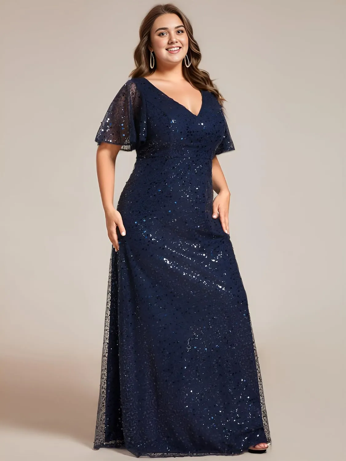 Ever-Pretty Women's V Neck Sequin Short Sleeves A Line Ball Gown Plus Size Formal Evening Dresses