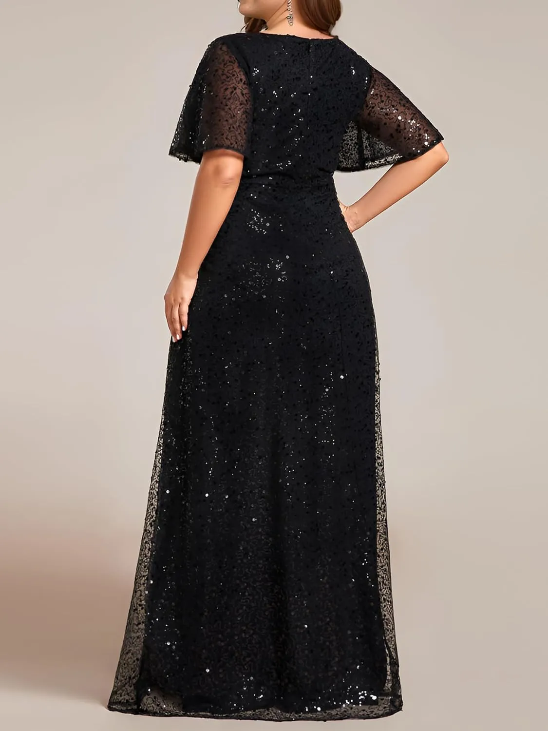 Ever-Pretty Women's V Neck Sequin Short Sleeves A Line Ball Gown Plus Size Formal Evening Dresses