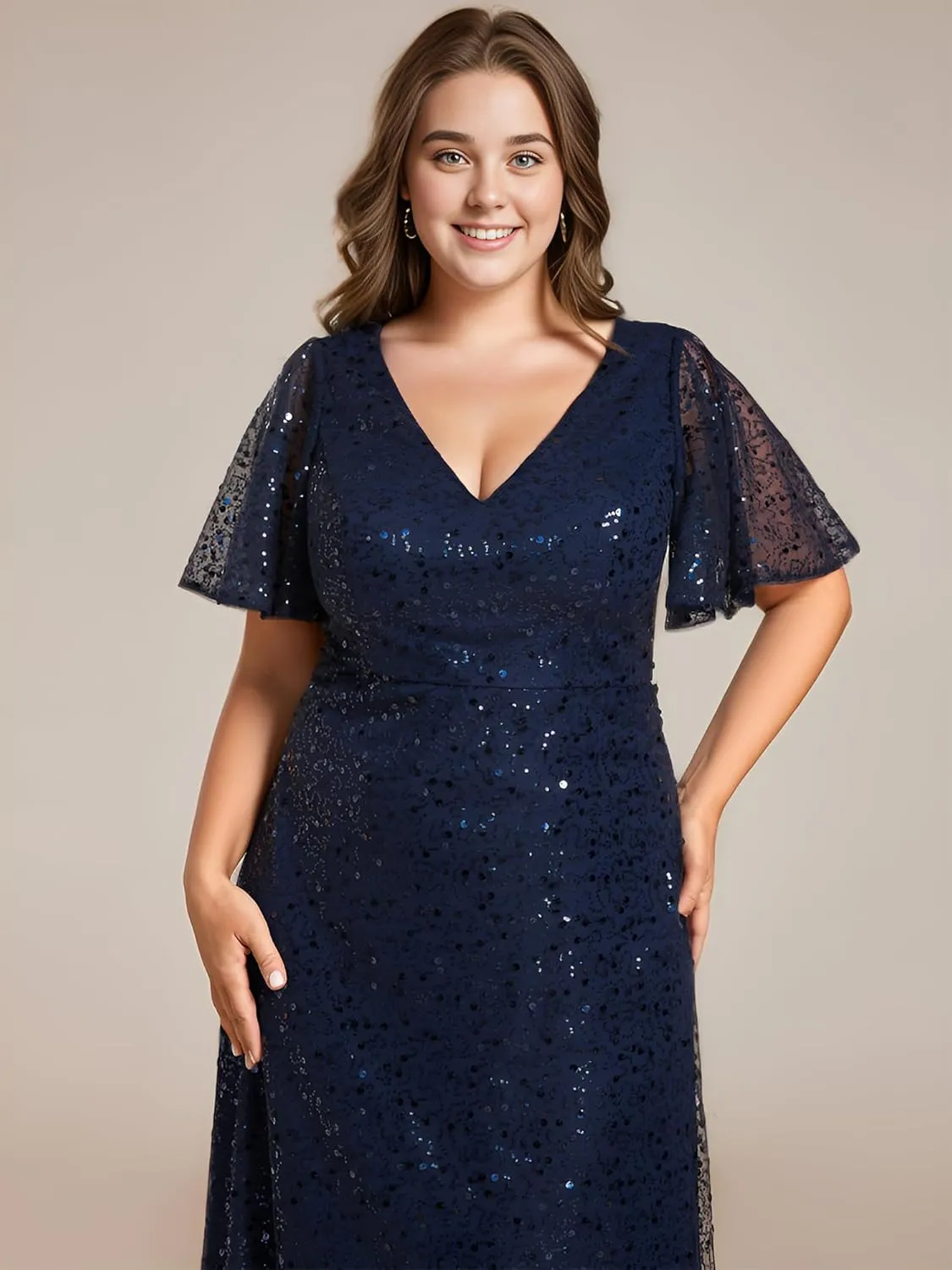 Ever-Pretty Women's V Neck Sequin Short Sleeves A Line Ball Gown Plus Size Formal Evening Dresses