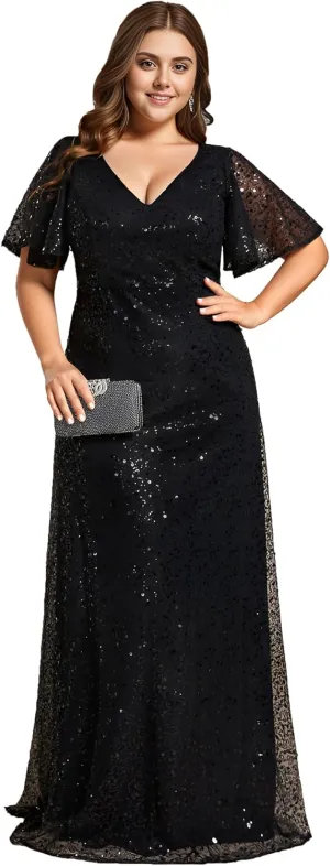 Ever-Pretty Women's V Neck Sequin Short Sleeves A Line Ball Gown Plus Size Formal Evening Dresses