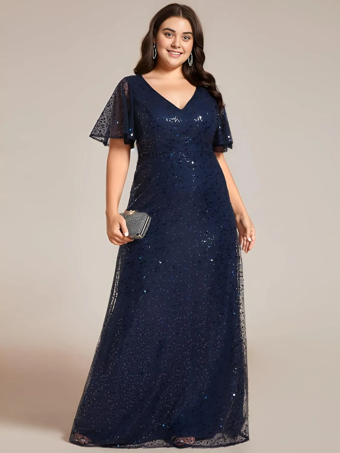 Ever-Pretty Women's V Neck Sequin Short Sleeves A Line Ball Gown Plus Size Formal Evening Dresses