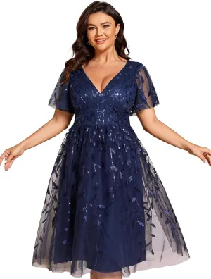 Ever-Pretty Women's V Neck Short Sleeves Embroidery Empire Waist Sequin Plus Size Midi Cocktail Wedding Guest Dresses 2230-DA