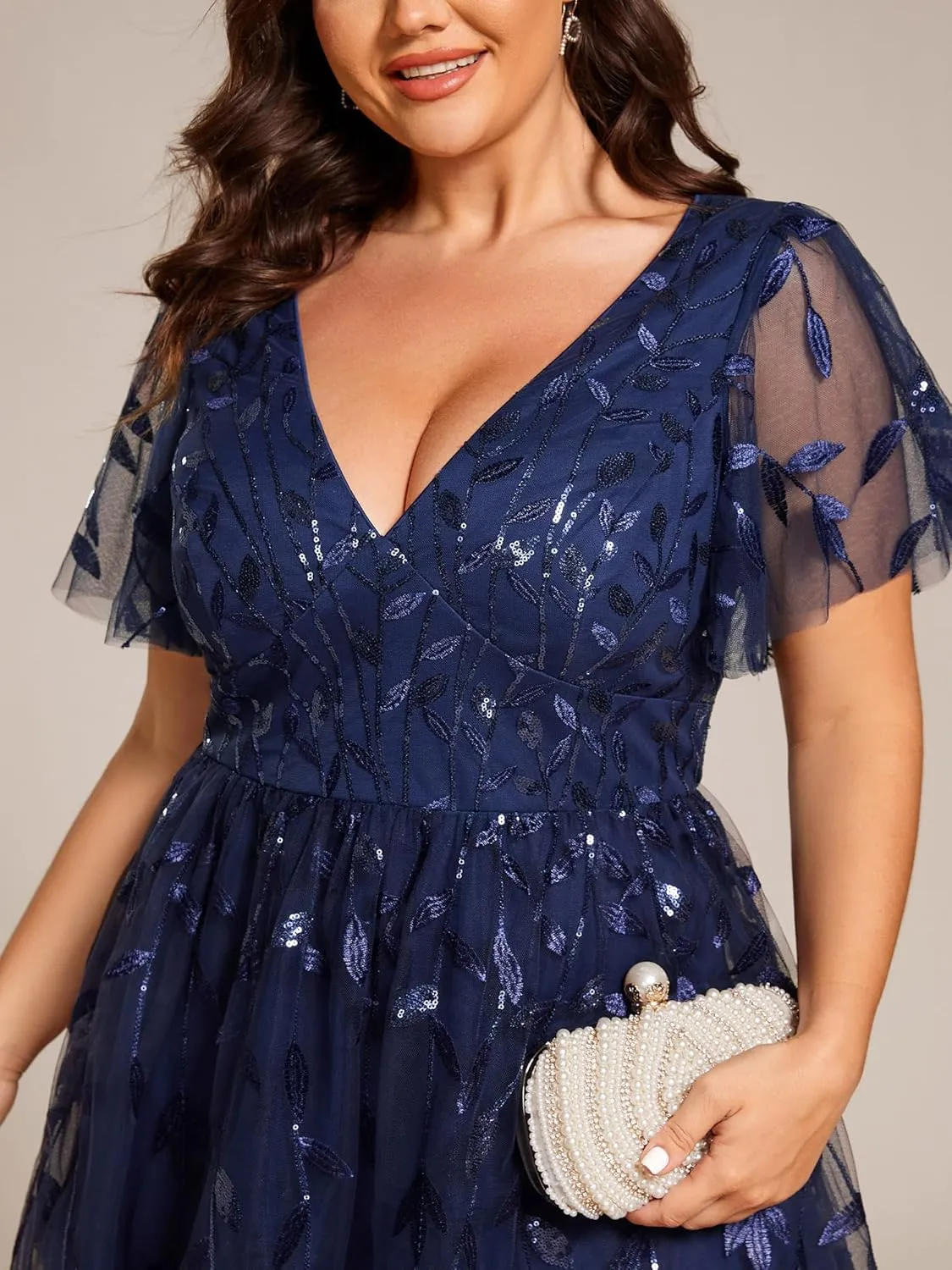 Ever-Pretty Women's V Neck Short Sleeves Embroidery Empire Waist Sequin Plus Size Midi Cocktail Wedding Guest Dresses 2230-DA