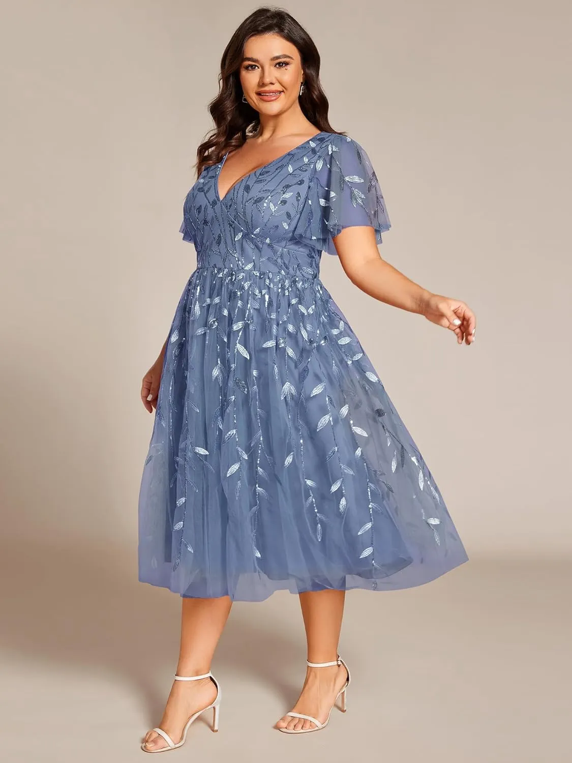 Ever-Pretty Women's V Neck Short Sleeves Embroidery Empire Waist Sequin Plus Size Midi Cocktail Wedding Guest Dresses 2230-DA