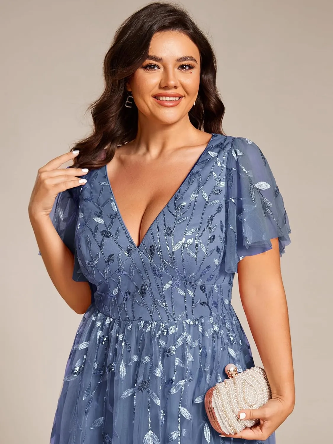 Ever-Pretty Women's V Neck Short Sleeves Embroidery Empire Waist Sequin Plus Size Midi Cocktail Wedding Guest Dresses 2230-DA