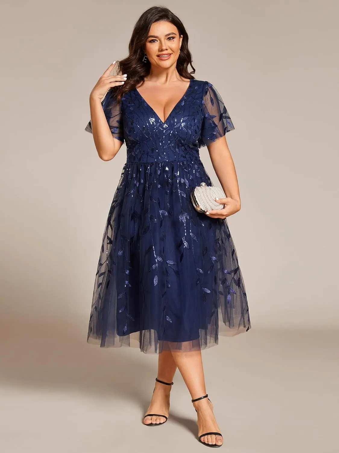 Ever-Pretty Women's V Neck Short Sleeves Embroidery Empire Waist Sequin Plus Size Midi Cocktail Wedding Guest Dresses 2230-DA