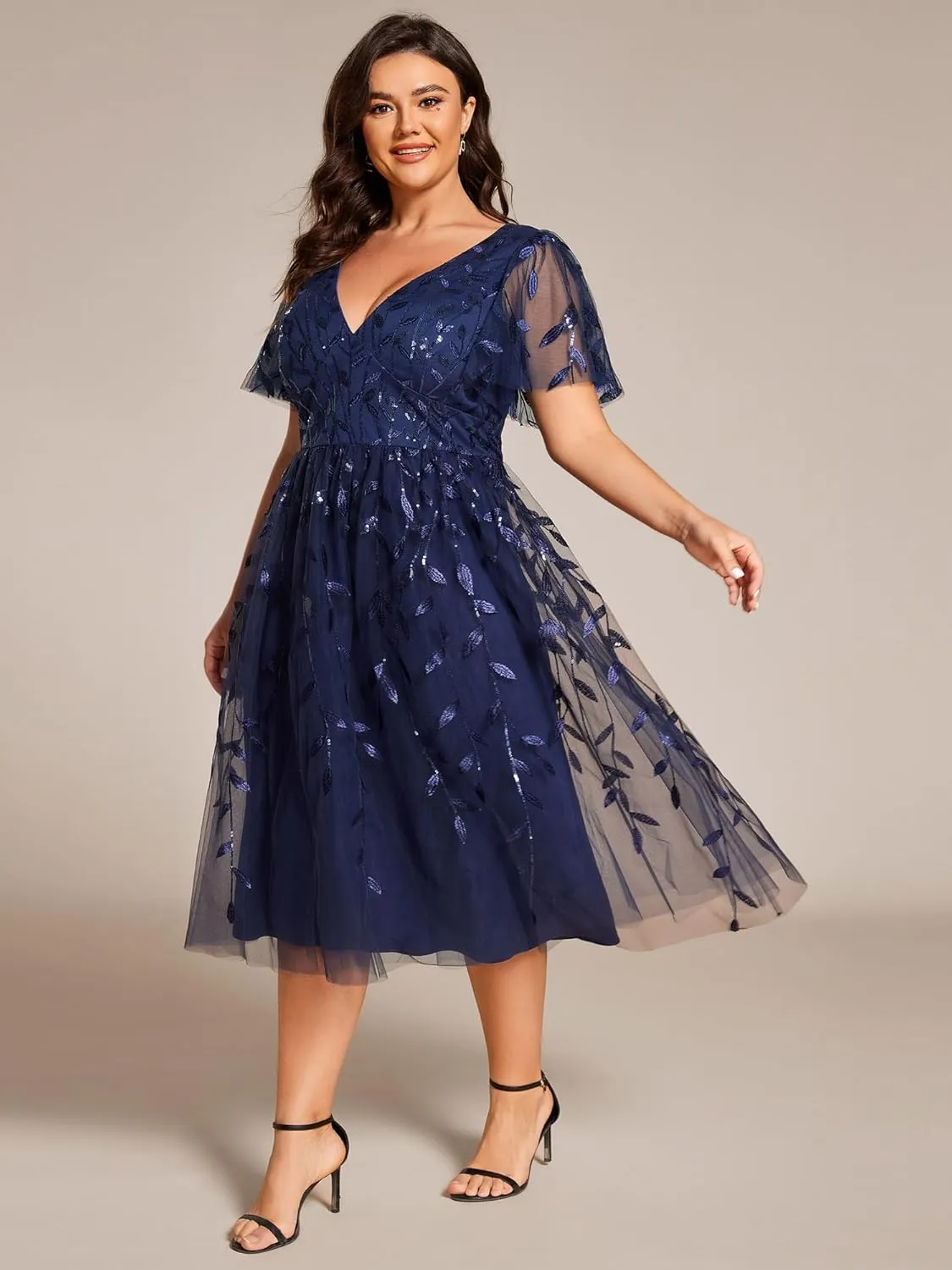 Ever-Pretty Women's V Neck Short Sleeves Embroidery Empire Waist Sequin Plus Size Midi Cocktail Wedding Guest Dresses 2230-DA