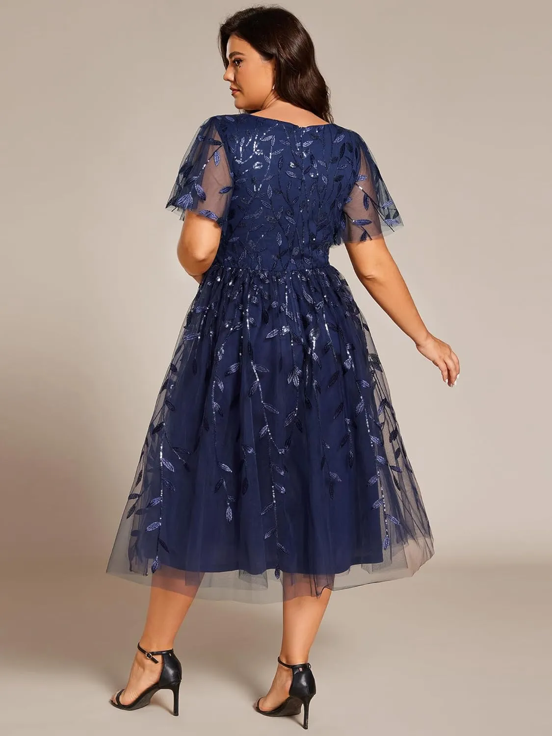 Ever-Pretty Women's V Neck Short Sleeves Embroidery Empire Waist Sequin Plus Size Midi Cocktail Wedding Guest Dresses 2230-DA