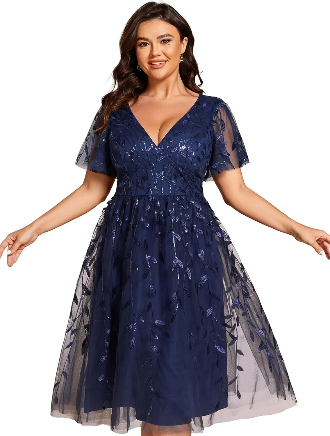 Ever-Pretty Women's V Neck Short Sleeves Embroidery Empire Waist Sequin Plus Size Midi Cocktail Wedding Guest Dresses 2230-DA