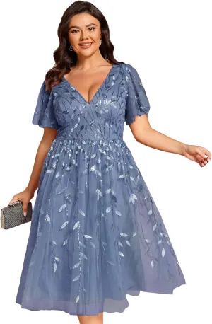 Ever-Pretty Women's V Neck Short Sleeves Embroidery Empire Waist Sequin Plus Size Midi Cocktail Wedding Guest Dresses 2230-DA