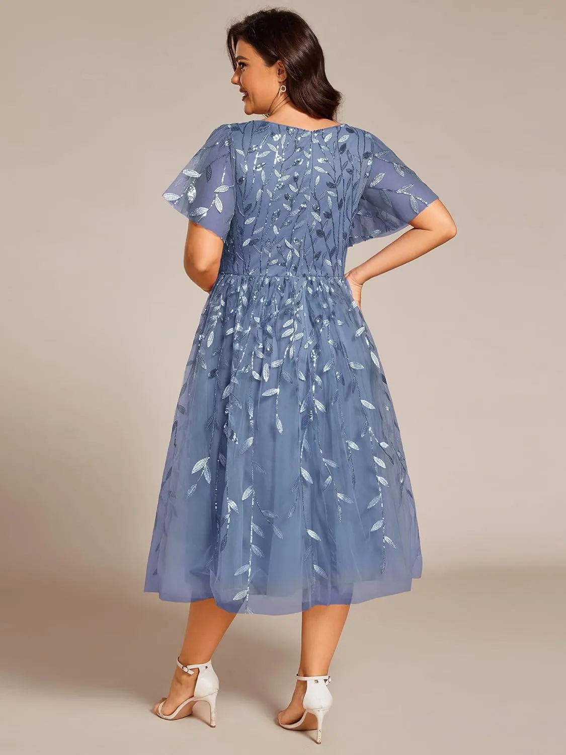 Ever-Pretty Women's V Neck Short Sleeves Embroidery Empire Waist Sequin Plus Size Midi Cocktail Wedding Guest Dresses 2230-DA