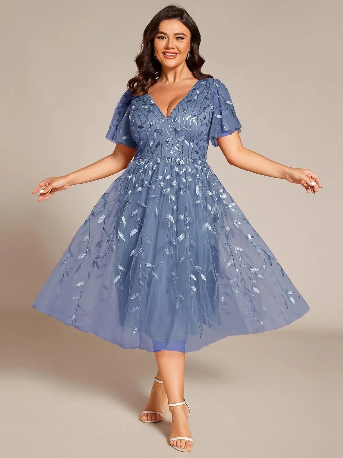 Ever-Pretty Women's V Neck Short Sleeves Embroidery Empire Waist Sequin Plus Size Midi Cocktail Wedding Guest Dresses 2230-DA