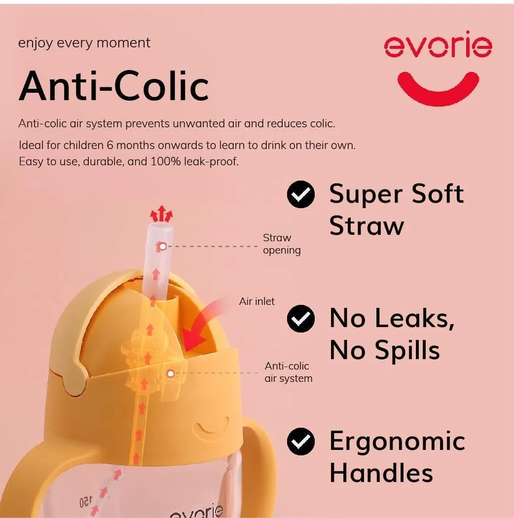 Evorie Tritan Baby Sippy Cup Weighted Gravity Straw Toddler Beginner Training Bottle, 7 Oz Leakproof Award Winning Infant Water Bottle with Handles for 6 months above
