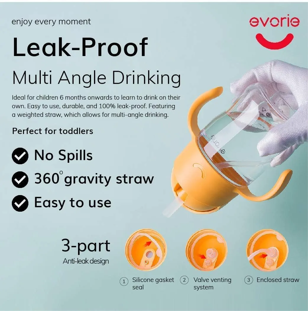 Evorie Tritan Baby Sippy Cup Weighted Gravity Straw Toddler Beginner Training Bottle, 7 Oz Leakproof Award Winning Infant Water Bottle with Handles for 6 months above