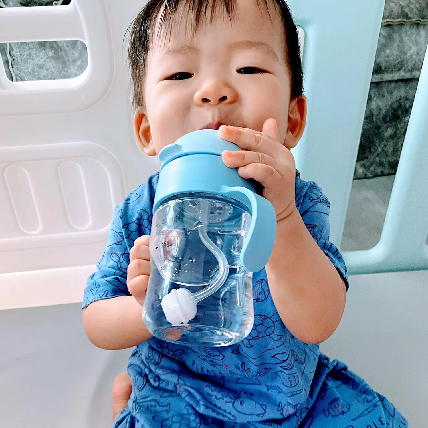 Evorie Tritan Baby Sippy Cup Weighted Gravity Straw Toddler Beginner Training Bottle, 7 Oz Leakproof Award Winning Infant Water Bottle with Handles for 6 months above