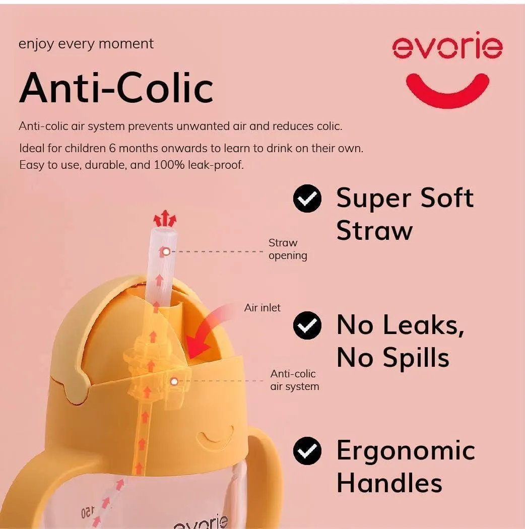 Evorie Tritan Weighted Straw Sippy Cup with Handles for Baby and Toddlers 6 Months up, 7 Oz Soft Silicone Straw Infant First Training Water Bottle (Bumble bee)