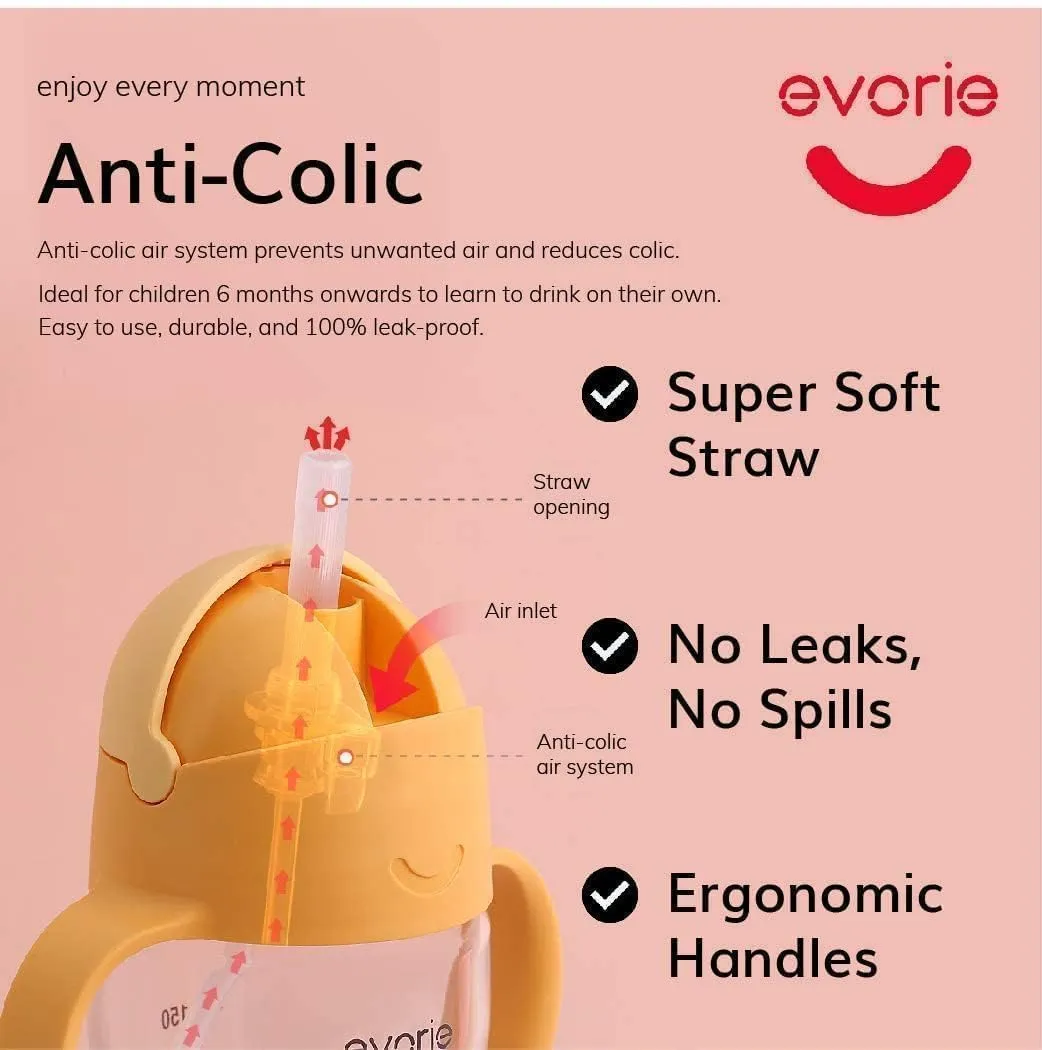 Evorie Tritan Weighted Straw Sippy Cup with Handles for Baby and Toddlers 6 months up, 7 Oz Soft Silicone Straw Infant First Training Water Bottle