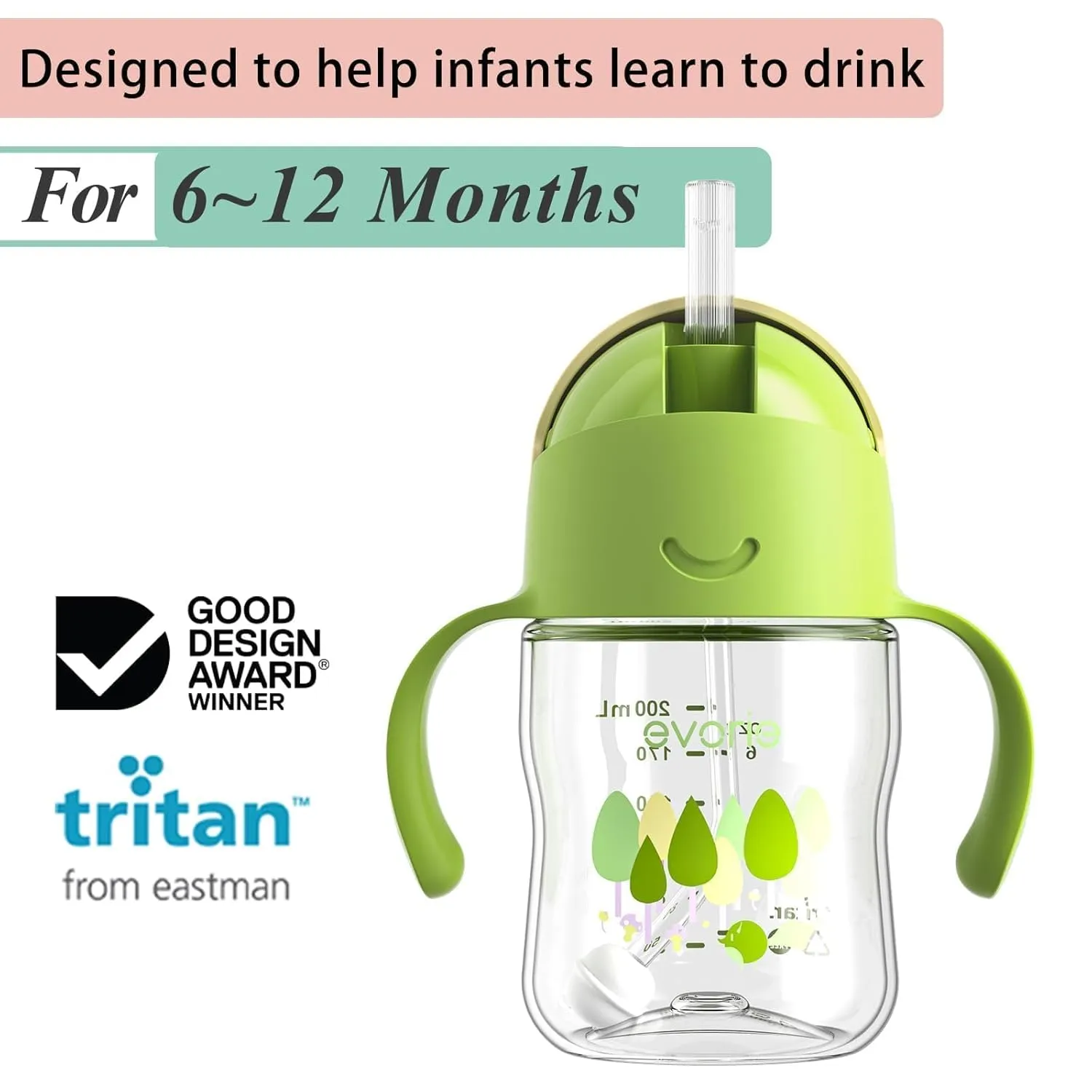 Evorie Tritan Weighted Straw Sippy Cup with Handles for Baby and Toddlers 6 months up, 7 Oz Soft Silicone Straw Infant First Training Water Bottle