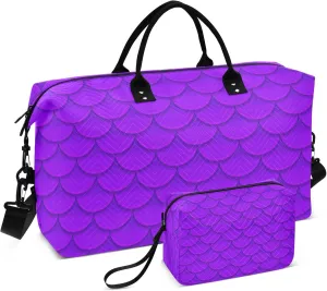 Exnundod Colorful Violet Purple Fish Scales Travel Duffel Bags for Women Sports Gym Bag Weekender Carry On Tote Overnight Luggage Duffle Bags