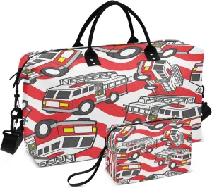 Exnundod Fire Engine Cartoon Travel Duffel Bags for Women Red Wave Stripes Sports Gym Bag Weekender Carry On Tote Overnight Luggage Duffle Bags