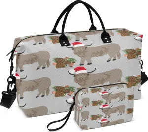 Exnundod Highland Cows Merry Christmas Travel Duffel Bags for Women Sports Gym Bag Weekender Carry On Tote Overnight Luggage Duffle Bags