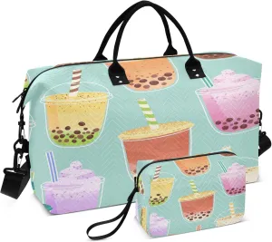 Exnundod Seamless Pattern with Bubble Tea Travel Duffel Bags for Women Sports Gym Bag Weekender Carry On Tote Overnight Luggage Duffle Bags