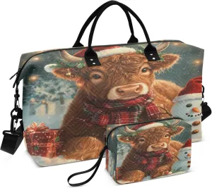 Exnundod Snowman with Highland Cow Travel Duffel Bags for Women Christmas Sports Gym Bag Weekender Carry On Tote Overnight Luggage Duffle Bags
