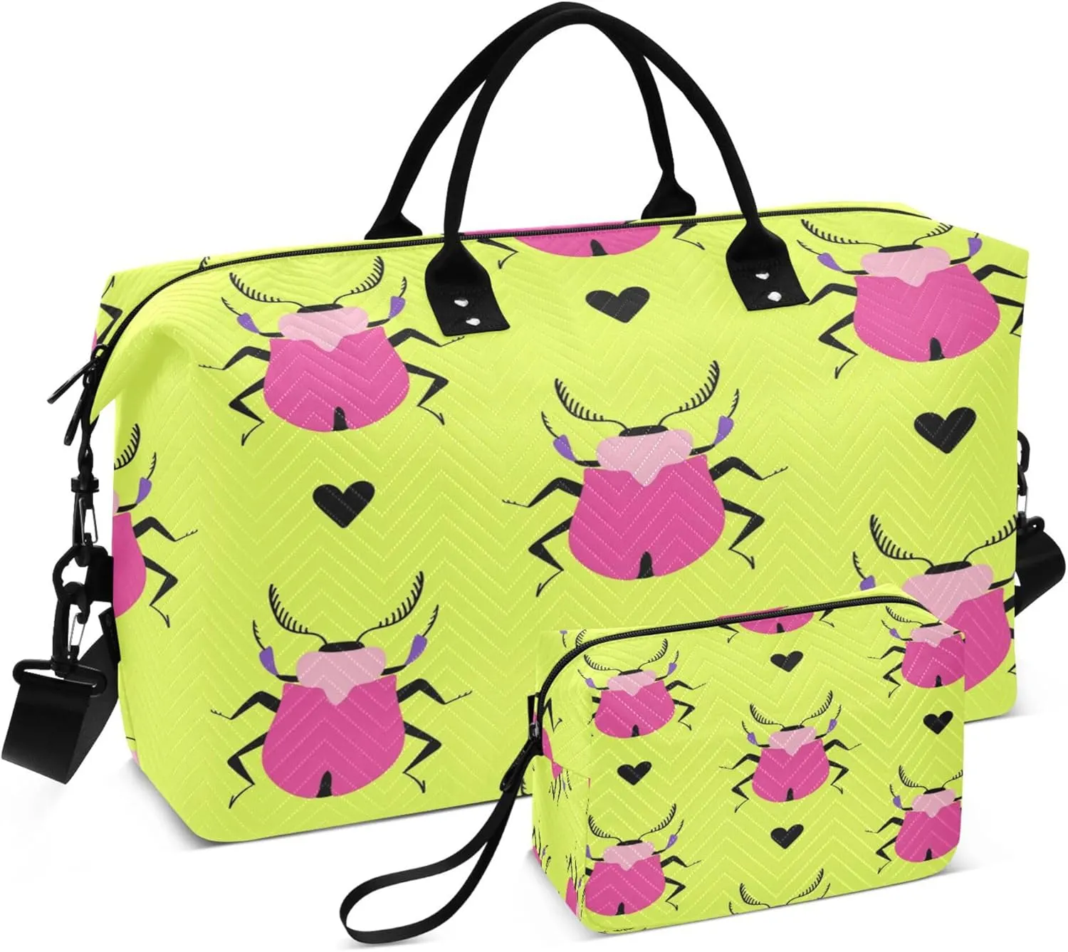 Exnundod Travel Duffel Bags Bright Summer with Pink Beetles Sports Gym Bag Weekender Carry On Tote Overnight Luggage Bags for Women and Men