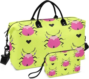 Exnundod Travel Duffel Bags Bright Summer with Pink Beetles Sports Gym Bag Weekender Carry On Tote Overnight Luggage Bags for Women and Men