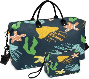 Exnundod Travel Duffel Bags Jellyfish Starfish Green Ocean Grass Sports Gym Bag Weekender Carry On Tote Overnight Luggage Bags for Women and Men