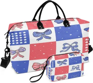 Exnundod Travel Duffel Bags Patriotic 4th Of July Bow Sports Gym Bag Independence Day Weekender Carry On Tote Overnight Luggage Bags for Women and Men