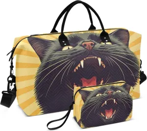 Exnundod Travel Duffel Bags Pop Art Artistic Angry Black Cat Sports Gym Bag Weekender Carry On Tote Overnight Luggage Bags for Women and Men