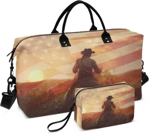 Exnundod Western Cowboy Portrait Travel Duffel Bags for Women Sports Gym Bag Weekender Carry On Tote Overnight Luggage Duffle Bags