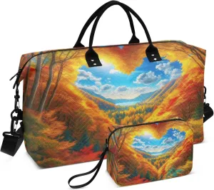 Exnundod Women Weekender Bags Autumn Forest Scene Heart Travel Duffel Bags Carry On Overnight Bag Large Hospital Tote Luggage