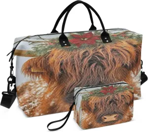 Exnundod Women Weekender Bags Christmas Highland Cow Travel Duffel Bags Carry On Overnight Bag Poinsettia Large Hospital Tote Luggage