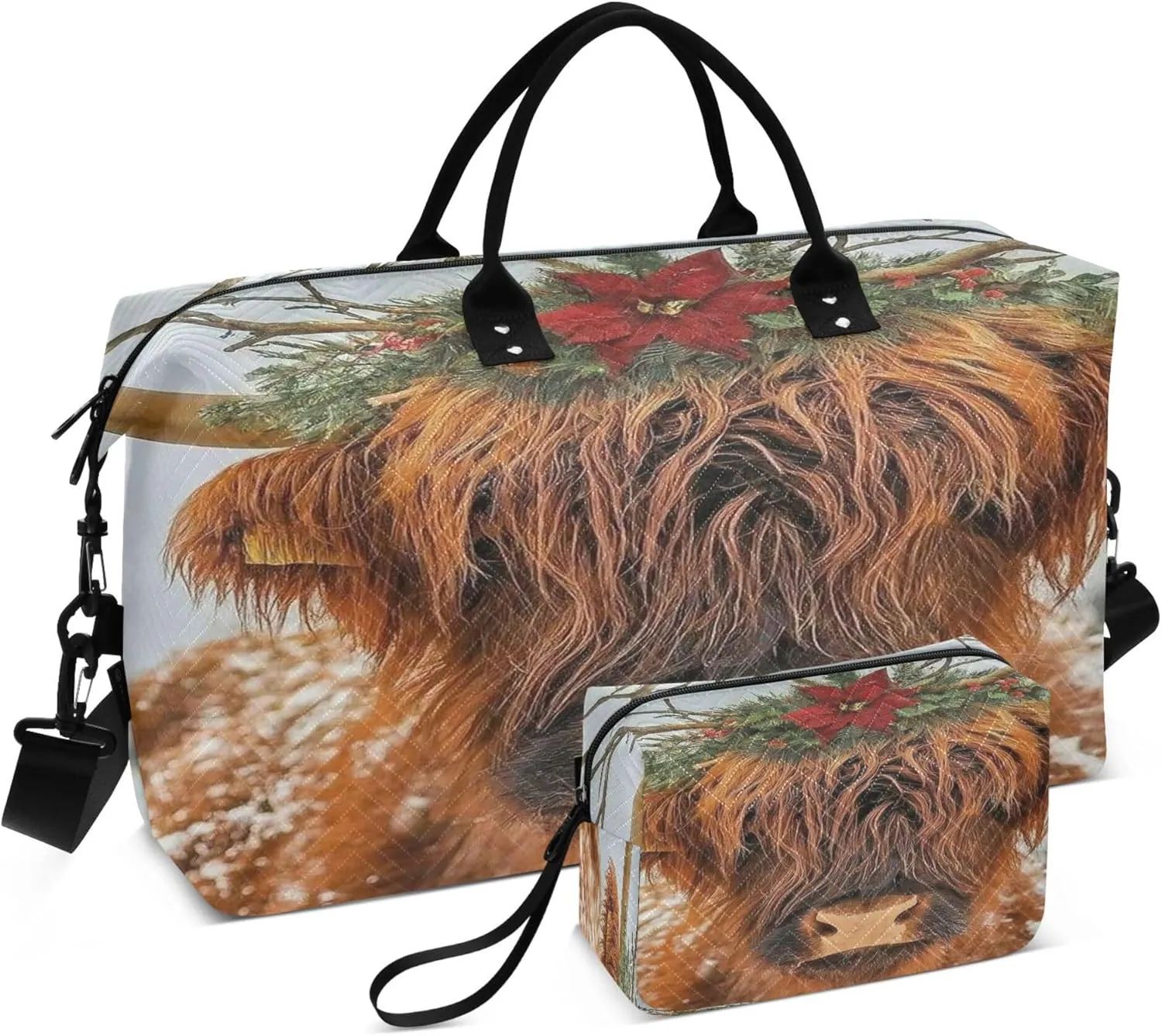 Exnundod Women Weekender Bags Christmas Highland Cow Travel Duffel Bags Carry On Overnight Bag Poinsettia Large Hospital Tote Luggage
