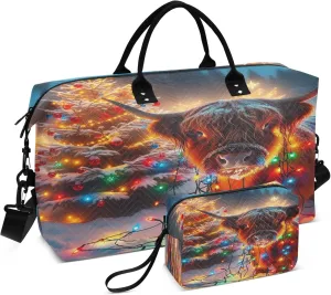 Exnundod Women Weekender Bags Color Lights Highland Cattle Travel Duffel Bags Carry On Overnight Bag Xmas Tree Large Hospital Tote Luggage