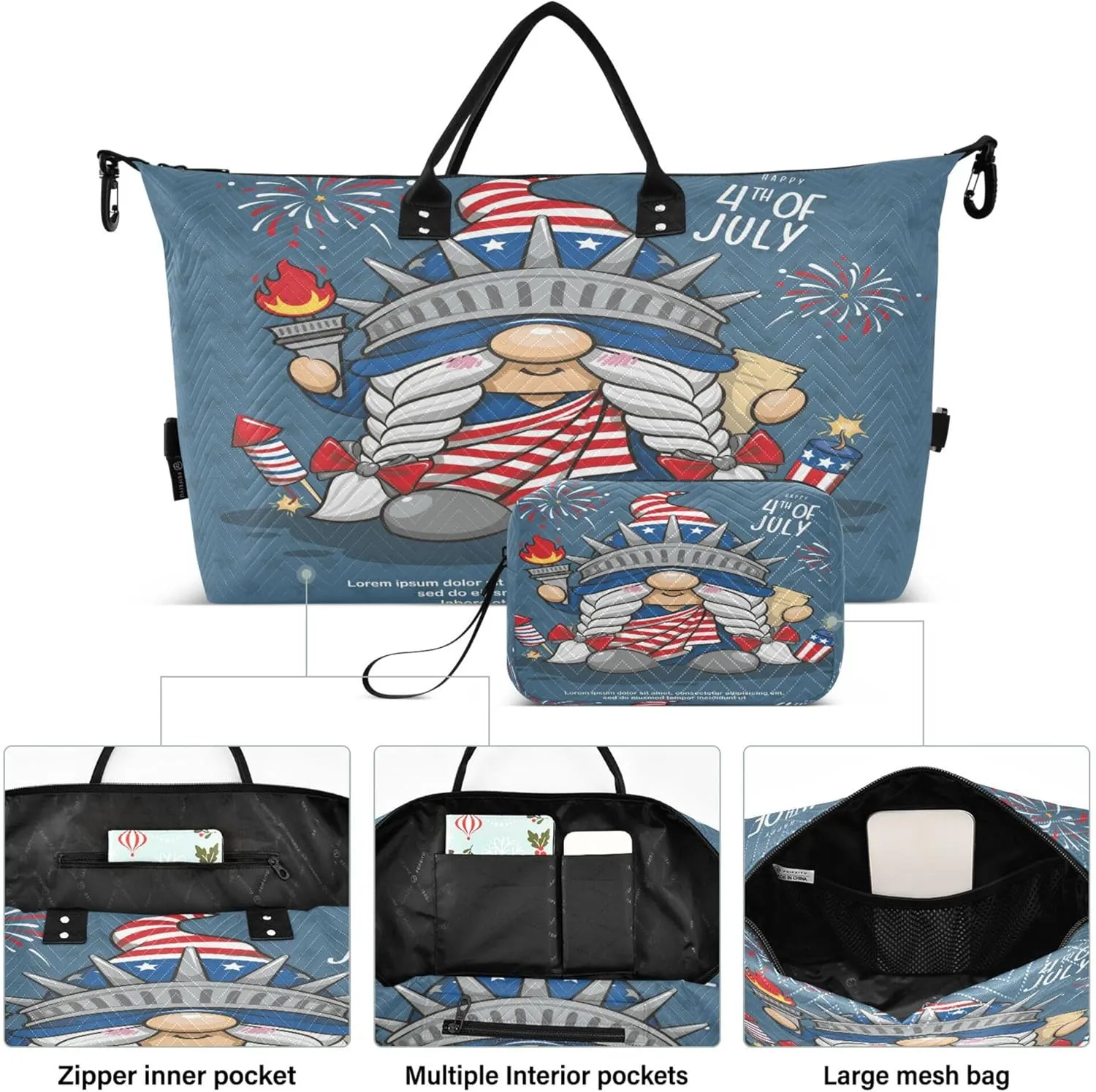 Exnundod Women Weekender Bags Cute Gnome Liberty Travel Duffel Bags Carry On Overnight Bag 4th Of July Large Hospital Tote Luggage