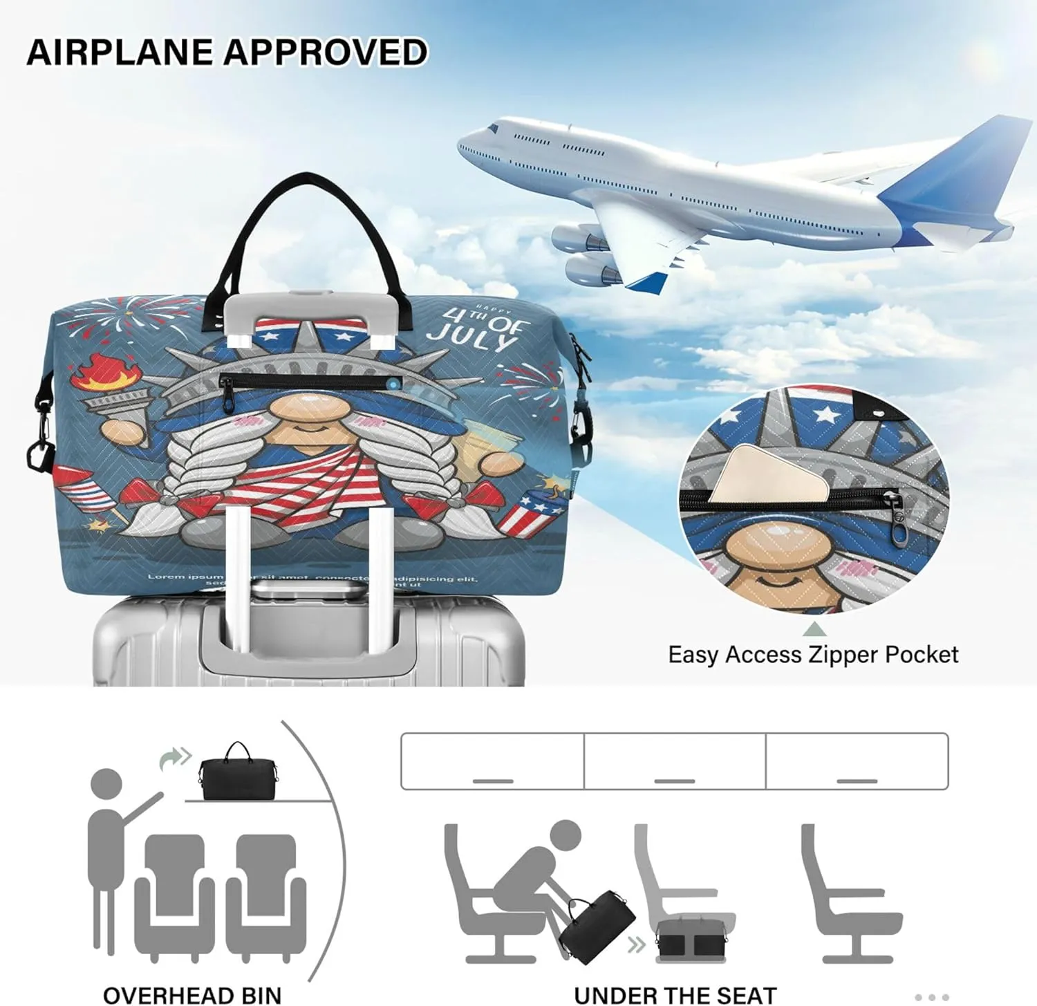 Exnundod Women Weekender Bags Cute Gnome Liberty Travel Duffel Bags Carry On Overnight Bag 4th Of July Large Hospital Tote Luggage