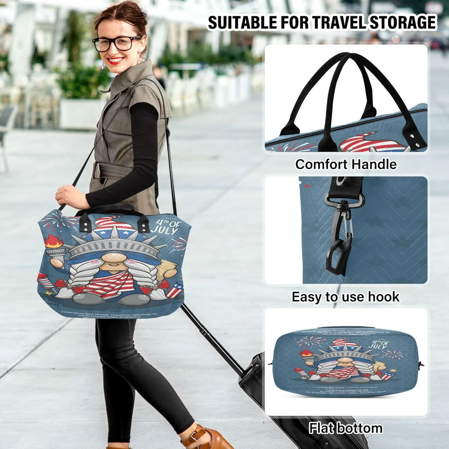 Exnundod Women Weekender Bags Cute Gnome Liberty Travel Duffel Bags Carry On Overnight Bag 4th Of July Large Hospital Tote Luggage
