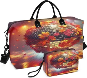 Exnundod Women Weekender Bags Disco Ball with Maple Leaves Travel Duffel Bags Carry On Overnight Bag Autumn Large Hospital Tote Luggage