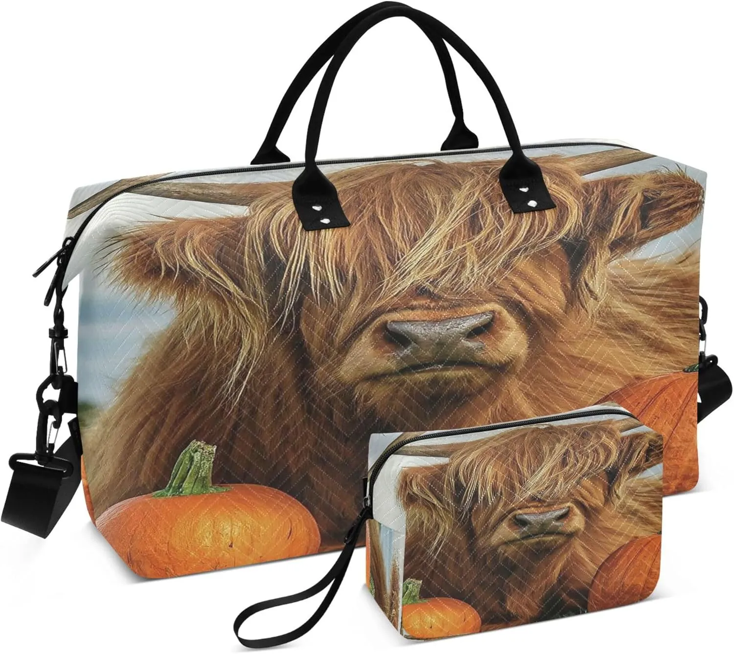 Exnundod Women Weekender Bags Highland Cattle with Two Pumpkin Travel Duffel Bags Carry On Overnight Bag Large Hospital Tote Luggage