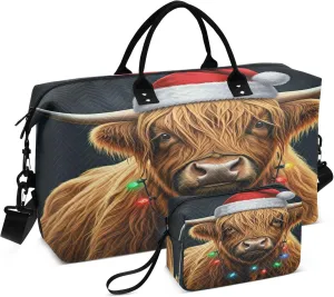 Exnundod Women Weekender Bags Highland Cow Christmas Lights Travel Duffel Bags Carry On Overnight Bag Santa Hat Large Hospital Tote Luggage