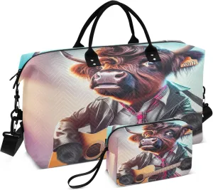 Exnundod Women Weekender Bags Musical Highland Cow Gym Bags Carry On Overnight Duffle Guitar Large Duffle Tote Hospital Bag for Business Trip, Yoga