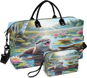 Exnundod Women Weekender Bags River Otter with Lotus Pond Travel Duffel Bags Carry On Overnight Bag Watercolor Large Hospital Tote Luggage