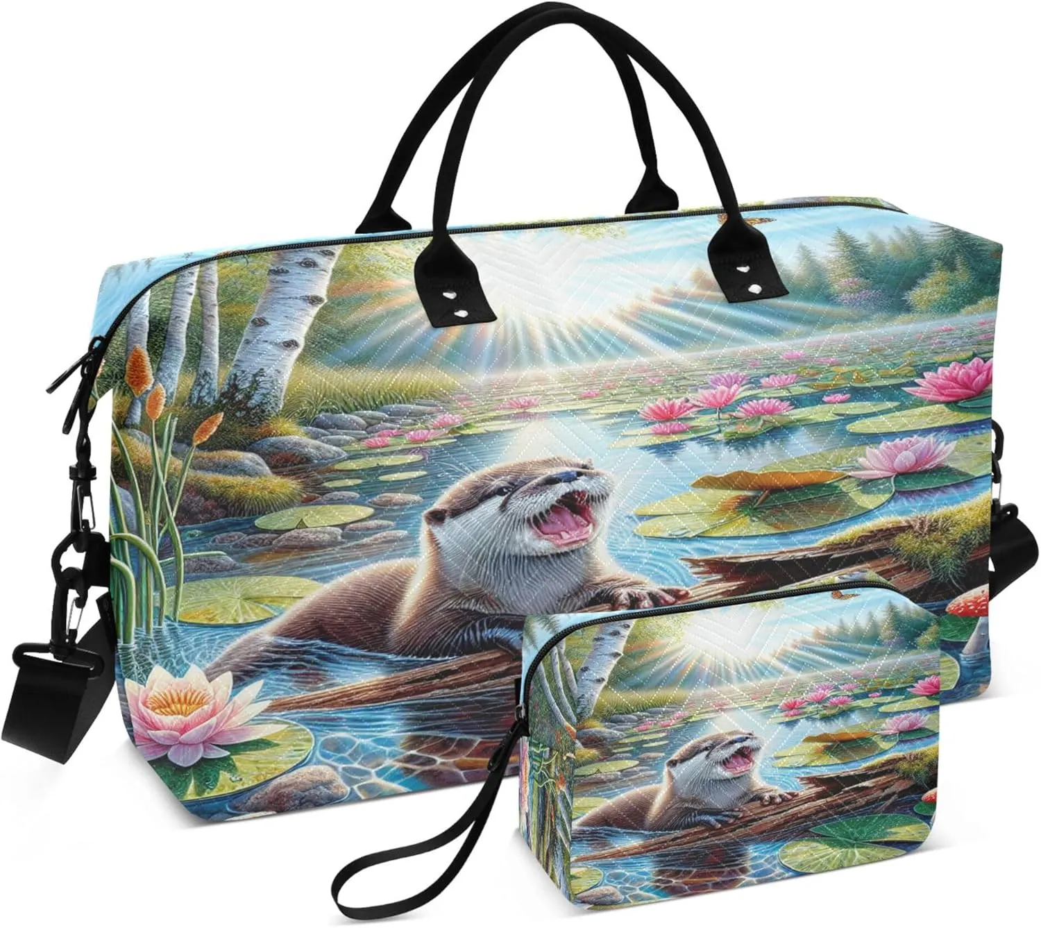 Exnundod Women Weekender Bags River Otter with Lotus Pond Travel Duffel Bags Carry On Overnight Bag Watercolor Large Hospital Tote Luggage