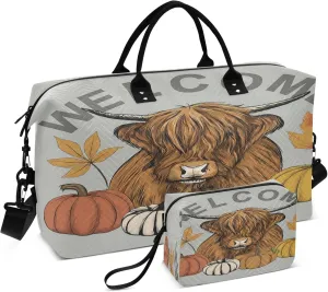 Exnundod Women Weekender Bags Welcome Highland Cow Travel Duffel Bags Carry On Overnight Bag Pumpkin Autumn Large Hospital Tote Luggage